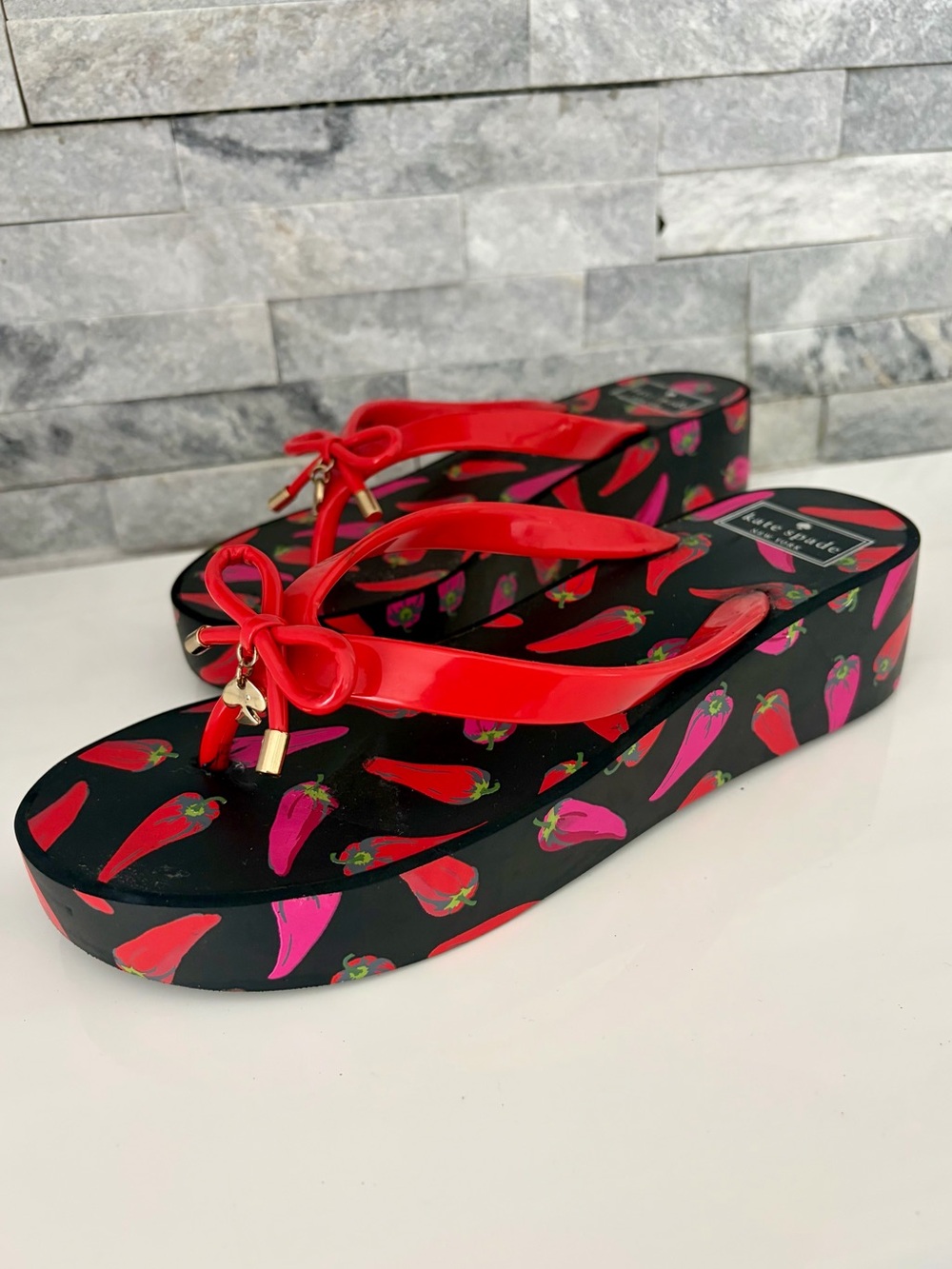 kate spade Black Platform Flip Flop Sandals with Red and Pink Pepper Print - Picture 3 of 10